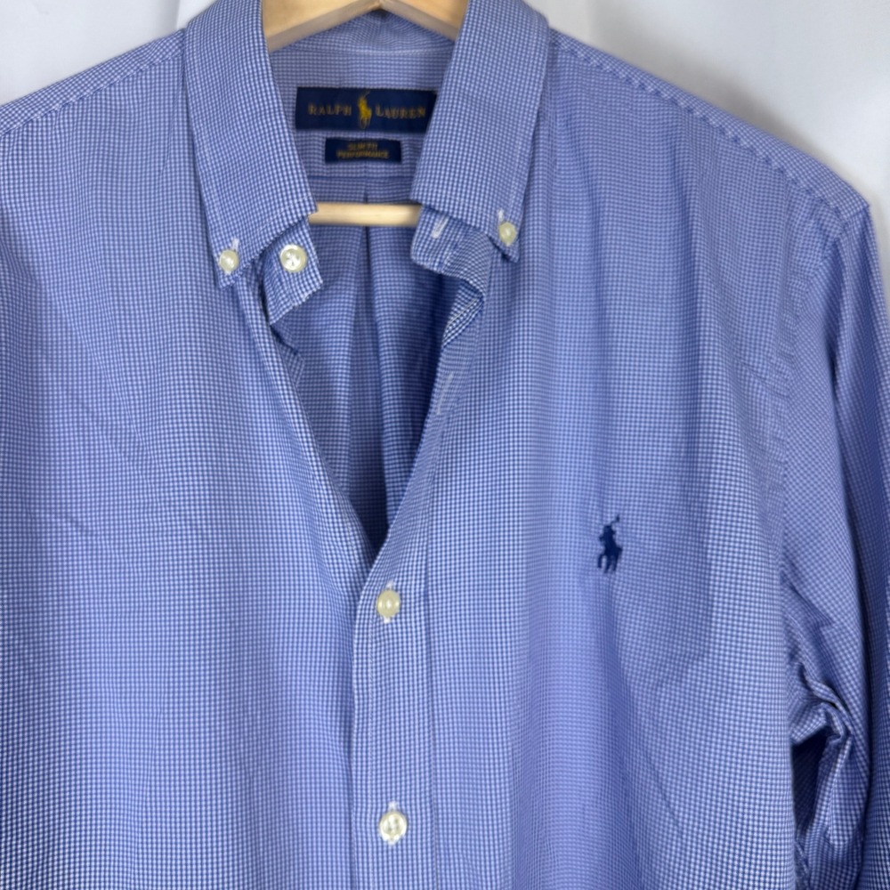 Ralph Lauren Mens Slim Fit Performance Shirt Blue White Micro Check Medium M